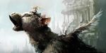  child closed_eyes creature e.h._macmillan fantasy feathers griffin highres mini_wings open_mouth riding size_difference the_boy_(the_last_guardian) the_last_guardian trico_(character) 