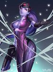  absurdres artist_name black_gloves bodysuit breasts bug butterfly center_opening cleavage gloves gun head_mounted_display highres insect large_breasts long_hair open_mouth overwatch pauldrons pink_bodysuit ponytail purple_hair purple_skin rifle solo weapon widowmaker_(overwatch) yellow_eyes yus 