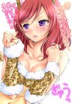  :o animal_print arm_warmers bare_shoulders blush bra breasts cleavage clenched_hands collarbone commentary_request kimura_neito leopard_print leopard_tail looking_away love_live! love_live!_school_idol_project medium_breasts navel nishikino_maki nose_blush parted_lips print_bra purple_eyes red_hair short_hair sleeveless solo sweat tail translation_request trembling underwear upper_body v-shaped_eyebrows 