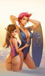  arm_tattoo arms_behind_back arms_up artstation_sample ass back bangs bare_shoulders blue_swimsuit breasts brown_eyes brown_hair center_opening cleavage collarbone contrapposto d.va_(overwatch) facepaint facial_mark from_behind front_zipper_swimsuit green_eyes headphones highleg highleg_swimsuit highres image_sample large_breasts legs_apart li_moly lips lipstick long_hair makeup medium_breasts meme_attire multiple_girls ocean one-piece_swimsuit one-piece_thong overwatch parted_lips partially_submerged pink_hair pink_swimsuit scar scar_across_eye short_hair standing surfboard swimsuit tattoo thigh_gap unzipped wading water whisker_markings zarya_(overwatch) zipper 