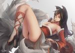  ahri animal_ears anus black_hair breasts detached_sleeves finger_in_mouth fox_ears fox_tail large_breasts league_of_legends long_hair looking_at_viewer low_neckline multiple_tails no_panties pandea_work pubic_hair pussy resized signature solo tail whiskers yellow_eyes 