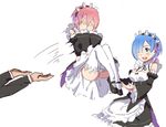  ass blue_eyes blue_hair blush breasts covering_face detached_sleeves dress hair_ornament hair_over_one_eye hair_ribbon headdress looking_at_viewer maid medium_breasts multiple_girls nanaya_(daaijianglin) panties pink_hair ram_(re:zero) re:zero_kara_hajimeru_isekai_seikatsu rem_(re:zero) ribbon short_hair siblings simple_background sisters thighhighs throwing tossing twins underwear white_background white_legwear x_hair_ornament 