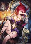  anklet armchair barefoot breasts candle chair chin_rest cleavage demon_girl hair_between_eyes halloween head_tilt highres horns jewelry kinchee knee_up large_breasts lipstick long_hair looking_at_viewer makeup navel original red_eyes red_hair shorts sitting skull snake solo staff 