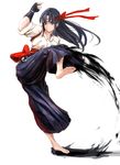  barefoot blue_eyes blue_hair commentary_request dougi fighting_stance fingerless_gloves full_body gloves hair_down hakama headband highres homo_1121 japanese_clothes kicking long_hair ryuuko_no_ken solo the_king_of_fighters toudou_kasumi 