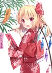  blonde_hair blush bow calligraphy_brush crystal demon_wings flandre_scarlet floral_print from_behind hair_ribbon holding ink japanese_clothes kimono leaf looking_at_viewer open_mouth paintbrush plant red_bow red_eyes red_ribbon ribbon round_teeth sash shiero. short_hair simple_background solo tanabata tanzaku tareme teeth touhou translated unmoving_pattern white_background wings 