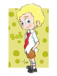  blonde_hair blue_eyes brown_shorts commentary dress_shirt hands_in_pockets looking_at_viewer meme necktie personification red_neckwear shirt shoes short_hair shorts signature socks solo spongebob_squarepants spongebob_squarepants_(character) takeuchi_kou white_shirt 