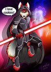  anthro armor canine clothed clothing english_text gard3r lightsaber looking_at_viewer male mammal solo star_wars text wolf 