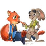  2016 anthro bracelet breasts buckteeth canine clothed clothing disney duo ear_piercing female fox fur green_eyes hand_on_hip inner_ear_fluff jewelry judy_hopps lagomorph lay-lo male mammal nick_wilde piercing purple_eyes rabbit simple_background sitting skimpy small_breasts standing teeth white_background zootopia 
