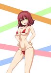  1girl anne_happy bikini bnc_(bunshi) breasts female gold_eyes hagyuu_hibiki hands_on_hips large_breasts looking_at_viewer micro_bikini midriff navel open_mouth red_bikini red_hair short_hair simple_background smile solo standing swimsuit yellow_eyes 