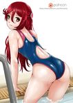  competition_swimsuit half_updo long_hair looking_back love_live! love_live!_sunshine!! nonoririn one-piece_swimsuit pool_ladder poolside red_hair sakurauchi_riko solo swimsuit wet yellow_eyes 