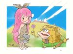  1girl axe barefoot blue_sky blush caveman club commentary day flower loincloth long_hair looking_at_another meme messy_hair mountain original pink_hair red_eyes signature sky spongebob_squarepants spongebob_squarepants_(character) takeuchi_kou weapon 