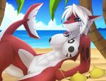  abs anthro areola big_breasts breasts female fish hair half-closed_eyes hi_res looking_at_viewer marine nipples nude outside pussy shark sharp_teeth smile solo teeth thick_thighs white_hair xaenyth 