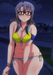  1girl armband between_legs bikini black_hair blush breasts brown_eyes cleavage curvy glasses hair_between_eyes hand_between_legs highres idolmaster idolmaster_million_live! jewelry long_hair looking_at_viewer medium_breasts necklace night night_sky outdoors plump side-tie_bikini sky solo standing swimsuit takayama_sayoko tanuki_(metaltanuki) thick_thighs thighs wide_hips wristband 