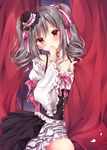  blush bow breasts brooch cleavage curtains detached_collar drill_hair frilled_ribbon frills hat idolmaster idolmaster_cinderella_girls jewelry kanzaki_ranko lolita_fashion long_hair looking_at_viewer necklace nogi_takayoshi red_eyes ribbon silver_hair small_breasts solo twin_drills twintails window 