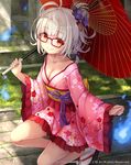  ahoge bangs blush bow breasts cleavage collarbone company_name eyebrows eyebrows_visible_through_hair glasses hair_bow hair_bun highres holding japanese_clothes kimono kimono_skirt looking_at_viewer lost_crusade namaru_(summer_dandy) off_shoulder official_art orange_eyes parasol sandals sash short_hair short_kimono silver_hair small_breasts smile socks solo squatting umbrella wide_sleeves 