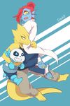  alphys animated_skeleton anthro bandanna bone boots clothing eyewear fangs fish footwear gills glasses gloves hair hair_bun job-tears_(artist) lab_coat lizard marine pants red_hair reptile sans_(undertale) scalie shirt skeleton slippers smile tank_top teeth text undead underswap undertale undyne video_games yellow_eyes 