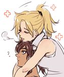  ? anco_(platanity) blonde_hair braid brown_hair closed_eyes hair_ornament hair_tie hair_tubes lips lipstick makeup mercy_(overwatch) multiple_girls overwatch parted_lips pharah_(overwatch) shirt short_hair side_braid sigh simple_background sleeveless sleeveless_shirt white_background yuri 