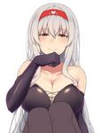  alternate_costume bad_id bad_twitter_id bare_shoulders black_gloves black_legwear breasts cleavage closed_mouth collarbone commentary_request elbow_gloves gloves hair_between_eyes hairband half-closed_eyes heart kantai_collection large_breasts long_hair looking_at_viewer pantyhose shoukaku_(kantai_collection) silver_hair simple_background smile solo suisen_toire_(moko924) white_background 