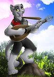  anthro clothed clothing cloud fangs feline gard3r guitar looking_at_viewer male mammal musical_instrument open_mouth outside smile solo standing teeth tongue 