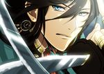  battle black_hair blue_eyes blurry braid clash clenched_teeth close-up depth_of_field earrings face hair_between_eyes holding holding_sword holding_weapon izumi-no-kami_kanesada jewelry katana looking_at_viewer male_focus parted_lips single_braid solo sword teeth touken_ranbu unsheathed weapon yuta_(kchimuuuuu) 