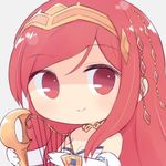  bad_id bad_twitter_id blush breasts chibi cleavage gloves granblue_fantasy hairband harp henriette_(shingeki_no_bahamut) instrument long_hair medium_breasts red_eyes red_hair seedflare shingeki_no_bahamut smile solo white_gloves 