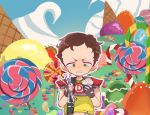  1boy brown_hair candy candy_cane cupcake food freckles gameplay_mechanics green_eyes ice_cream jelly_bean lollipop nojiko_(natumag) scott_malkinson short_hair shoulder_pads solo south_park south_park:_the_fractured_but_whole swirl_lollipop symbol-shaped_pupils 