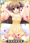  armpits blonde_hair blue_ribbon brown_eyes brown_hair card_(medium) collarbone grisaia_(series) grisaia_no_kajitsu hair_ribbon indoors irisu_makina kneeling open_mouth petals ribbon short_hair smile solo 