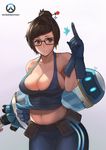  bangs bare_shoulders belt_pouch black-framed_eyewear blue_gloves breasts brown_eyes brown_hair cleavage collarbone copyright_name cowboy_shot gas_cylinder glasses gloves gradient gradient_background hair_bun hair_ornament hair_stick highres index_finger_raised large_breasts logo looking_at_viewer mei_(overwatch) midriff mr.tendou navel no_bra overwatch pants parted_lips pouch shirt_lift simple_background solo strap_gap swept_bangs tank_top 