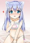  animal_ears bell blue_eyes blue_hair blush bra cacao_(chocolat) cat_ears cat_girl cat_lingerie choker collarbone full-face_blush gochuumon_wa_usagi_desu_ka? groin highres jingle_bell kafuu_chino long_hair looking_at_viewer meme_attire navel open_mouth panties side-tie_panties sitting solo underwear white_bra white_panties 