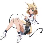  android animal_ears bad_id bad_pixiv_id blonde_hair detached_sleeves fox_ears fox_tail full_body green_eyes highres original shira-nyoro short_hair solo tail transparent_background 