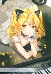  absurdres animal_ears anmi black_bow black_choker blonde_hair bow cat_ears cat_tail character_name chin_rest choker closed_mouth dress gloves hand_up highres hikaru_(houkago_no_pleiades) houkago_no_pleiades instrument kemonomimi_mode looking_at_viewer lying on_stomach piano short_sleeves solo tail thick_eyebrows twintails white_dress white_gloves yellow_eyes 