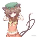  animal_ears arms_up bare_arms blush bow brown_eyes brown_hair cat_ears cat_girl cat_tail chen hand_in_hair hat highres jewelry midriff mob_cap multiple_tails navel nekomata simple_background single_earring skirt skirt_set sleeveless solo suama_unagi tail touhou twitter_username white_background 