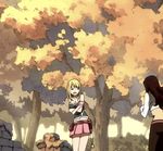  2girls animated animated_gif belt blonde_hair blush breasts brown_hair cana_alberona cleavage fairy_tail gif grabbing_from_behind groping heart hug legs long_hair lucy_heartfilia naughty_face outdoor pants ruins skirt tree yuri 