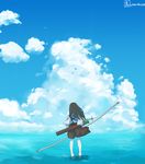  akagi_(kantai_collection) blue_sky bow_(weapon) brown_hair cloud commentary_request day from_behind hakama_skirt highres horizon japanese_clothes kantai_collection long_hair ocean sky solo thighhighs tora_jun water weapon 