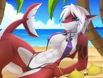  abs anthro big_breasts breasts clothing female fish hair half-closed_eyes hi_res looking_at_viewer marine outside shark sharp_teeth smile solo swimsuit teeth thick_thighs white_hair xaenyth 