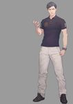  absurdres black_hair clenched_hand frown full_body grey_background grey_eyes highres kyokugen_dasshutsu looking_to_the_side male_focus muscle official_art polo_shirt shoes sigma_(kyokugen_dasshutsu) simple_background sneakers solo tomono_rui zero_time_dilemma 