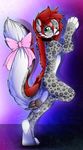  anthro collar fangs feline gard3r girly leopard looking_back male mammal nude open_mouth ribbons simple_background solo spots standing teeth tongue 