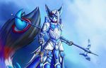  2015 anthro armor atrox_(species) canine digital_media_(artwork) digital_painting_(artwork) ear_piercing gauge gilgash halberd horn huge_tail kayden_(otox) knight male mammal melee_weapon piercing polearm pose runes shaded signature simple_background sword tagme warrior weapon 