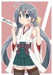  :&gt; ahoge artist_name bare_shoulders blush clenched_hands closed_mouth commentary_request cosplay detached_sleeves eyebrows eyebrows_visible_through_hair grey_eyes grey_hair hair_between_eyes hair_ribbon hiei_(kantai_collection) hiei_(kantai_collection)_(cosplay) highres japanese_clothes kantai_collection kiyoshimo_(kantai_collection) long_hair nontraditional_miko pepatiku plaid plaid_skirt ribbon signature skirt solo twintails twitter_username v-shaped_eyebrows 