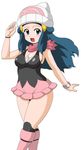  blue_eyes blue_hair blush boots breasts cleavage dress hat hikari_(pokemon) koutarosu long_hair looking_at_viewer pink_footwear pokemon pokemon_(anime) scarf sideboob simple_background skirt smile solo white_background 