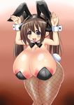  1girl absurdres areola_slip areolae arms_up black_eyes blush breasts brown_hair bunny_ears bunny_girl bunny_tail bunnysuit female fishnets gigantic_breasts gradient_background hair_ornament kiyokkuma large_areolae long_breasts long_hair long_twintails looking_at_viewer open_mouth original pantyhose puffy_nipples shiny_skin simple_background solo standing tail thick_thighs twintails wide_hips 