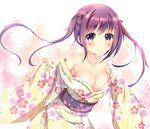  bangs bare_shoulders blush breasts cleavage collarbone commentary_request eyebrows_visible_through_hair floral_print gochuumon_wa_usagi_desu_ka? hair_ornament hairclip hinata_yuu_(atelierhinata) japanese_clothes kimono large_breasts leaning_forward long_hair long_sleeves looking_at_viewer obi off_shoulder purple_eyes purple_hair sash sleeves_past_wrists solo tedeza_rize twintails wavy_mouth wide_sleeves yukata 