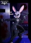  anthro blood clothed clothing deadpool digital_media_(artwork) disney door female fur graffiti grey_fur gun handgun judy_hopps lagomorph mammal marvel pants rabbit ranged_weapon smile smirk solo text the_punisher trash_bag violence viroveteruscy weapon zootopia 