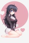  1girl ahoge bare_legs barefoot black_hair black_legwear blue_eyes blush breasts convenient_leg cup heart highres large_breasts long_hair looking_at_viewer netoge_no_yome_wa_onna_no_ko_janai_to_omotta? no_shoes sitting smile solo sweater_vest tamaki_ako thighhighs 