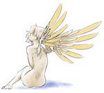  anco_(platanity) ass barefoot blonde_hair from_behind mechanical_wings mercy_(overwatch) nude overwatch ponytail sitting solo spread_wings wings yellow_wings 