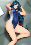  armpits blue_hair bow brown_eyes chidori_kaname competition_swimsuit from_above full_metal_panic! groin hair_bow highres indoors long_hair looking_at_viewer low-tied_long_hair lying on_back one-piece_swimsuit red_bow solo swimsuit wet yadokari_genpachirou 
