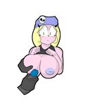  2016 anthro areola big_breasts blonde_hair blush breasts clothed clothing clothing_lift cute digital_media_(artwork) disembodied_penis erection exposed_breasts female fur hair hat hi_res huge_breasts humanoid_penis long_hair looking_at_penis male male/female mammal masturbation nipples penis pink_fur shirt shirt_lift simple_background skull solo_focus theicedwolf 