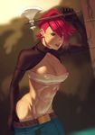  absurdres blue_eyes borrowed_character breasts cleavage commentary highres john_doe large_breasts midriff mitch_(ohnarev) original red_hair short_hair solo sweat tomahawk undressing weapon 