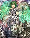  bangs breasts clenched_hand cloud company_name covered_navel double_bun eikou_no_guardian_battle gears genbu green_eyes green_hair hair_ornament highres madogawa official_art open_mouth short_hair skin_tight sky small_breasts snake solo yin_yang 