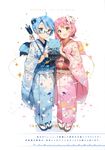  2girls :d absurdres ahoge alternate_costume anmi aoi_(houkago_no_pleiades) arrow bell blue-framed_eyewear blue_eyes blue_hair blue_kimono bow brown_eyes closed_mouth copyright_name cotton_boll ema flower furisode glasses hair_bow hair_bun hair_flower hair_ornament hamaya happy_new_year highres houkago_no_pleiades japanese_clothes jingle_bell kimono kotoyoro long_sleeves low_twintails multiple_girls new_year obi open_mouth pink_hair pink_kimono sash semi-rimless_eyewear short_twintails smile standing subaru_(houkago_no_pleiades) tabi twintails under-rim_eyewear wide_sleeves zouri 